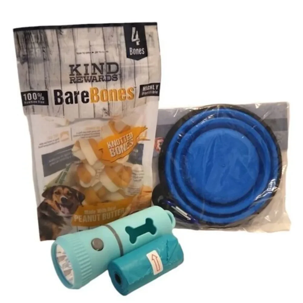 Dog Waste Bags Dispenser with Flashlight with Collapsible Bowl and Bare‎ Bones